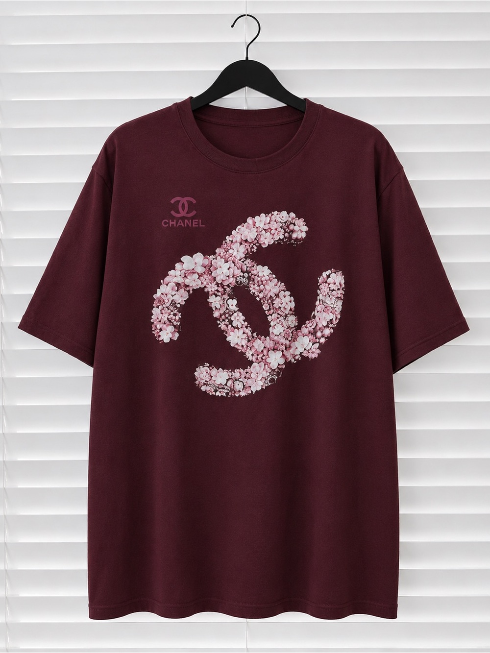 Oversized Floral Graphic Logo Tee - Burgundy with Pink Flowers